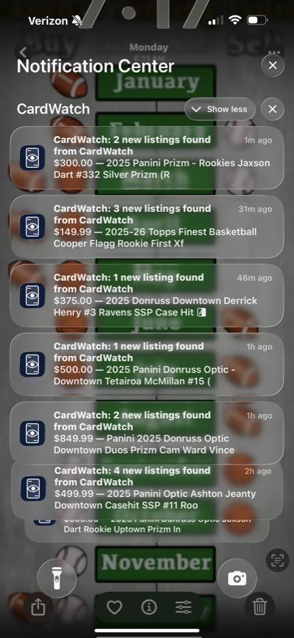 CardWatch push notifications — 2025 Donruss, Panini Prizm, Topps Finest listings